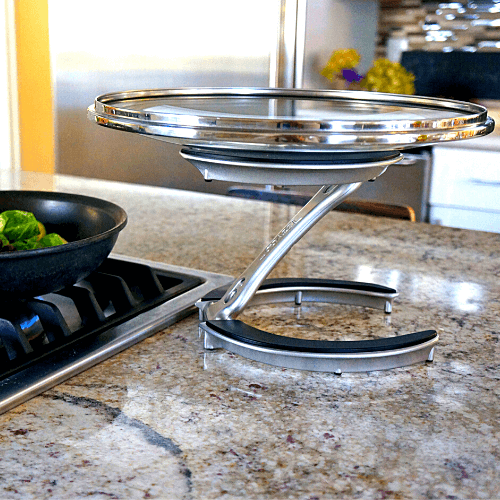 trivae, lid holder, pot lid holder, inverted lid storage, inverted lid holder, lid stand, lid rest, pizza stand, cake stand, serving stand, display stand, kitchen tool, kitchen gadget, lid caddy, pot lid caddy