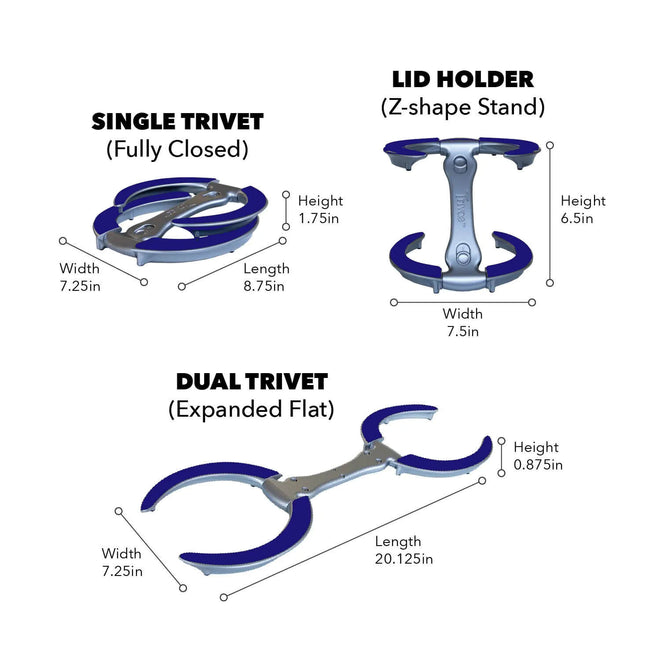 Trivae lid holder & modular trivet in royal blue - product dimensions
